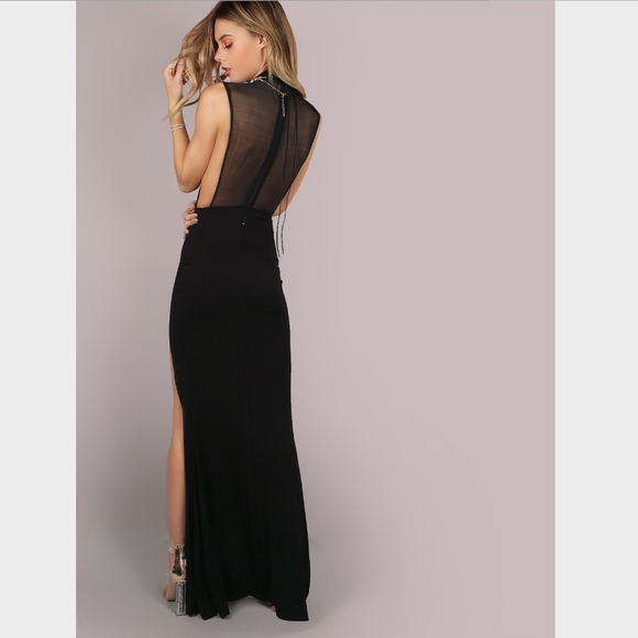 High Slit Open Side Mesh Back Black Maxi Dress - Picture 5 of 8